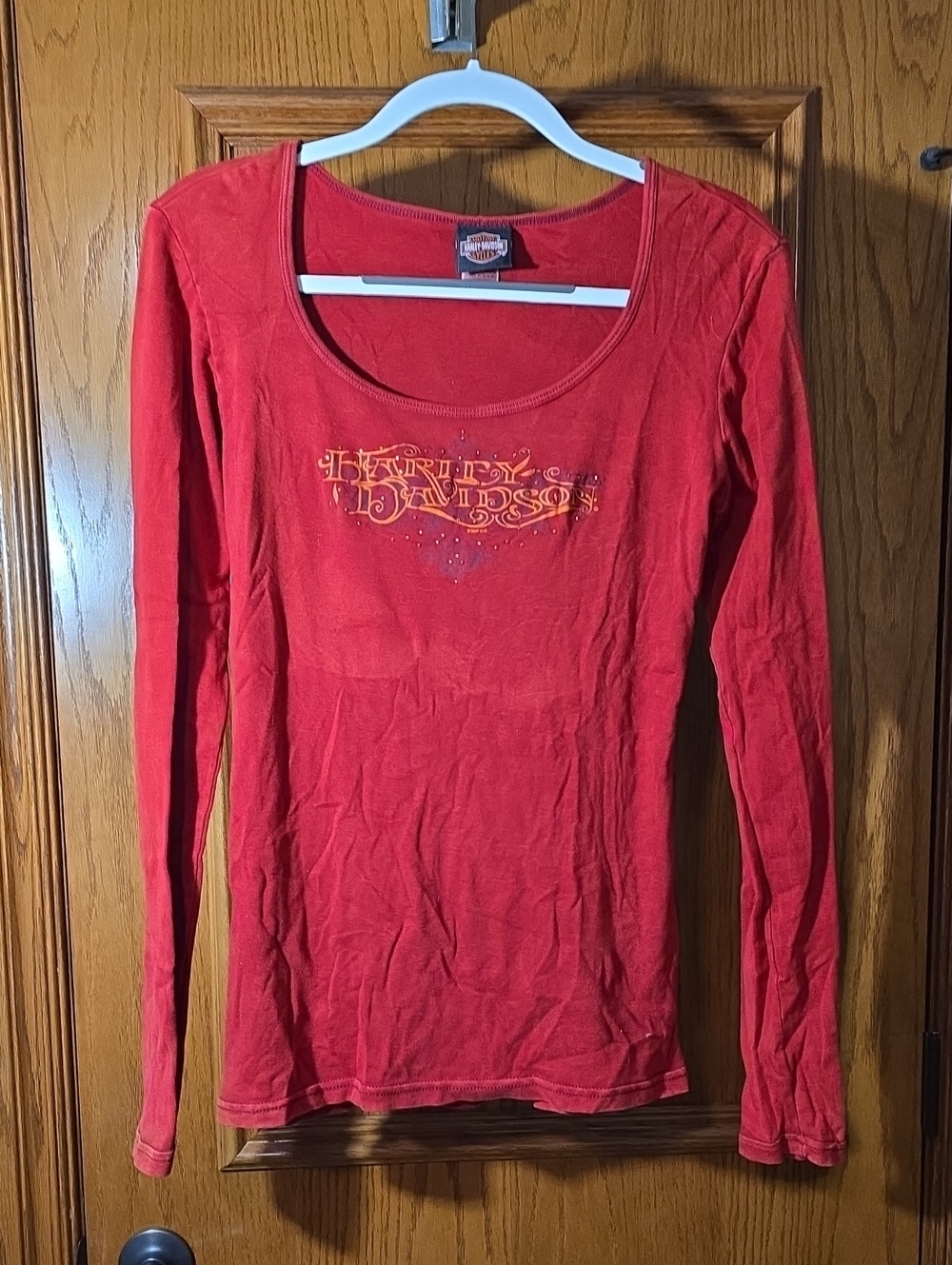 Harley-Davidson Women's Long Sleeve Scoop Neck Top in Red/coral, With Rhinestone